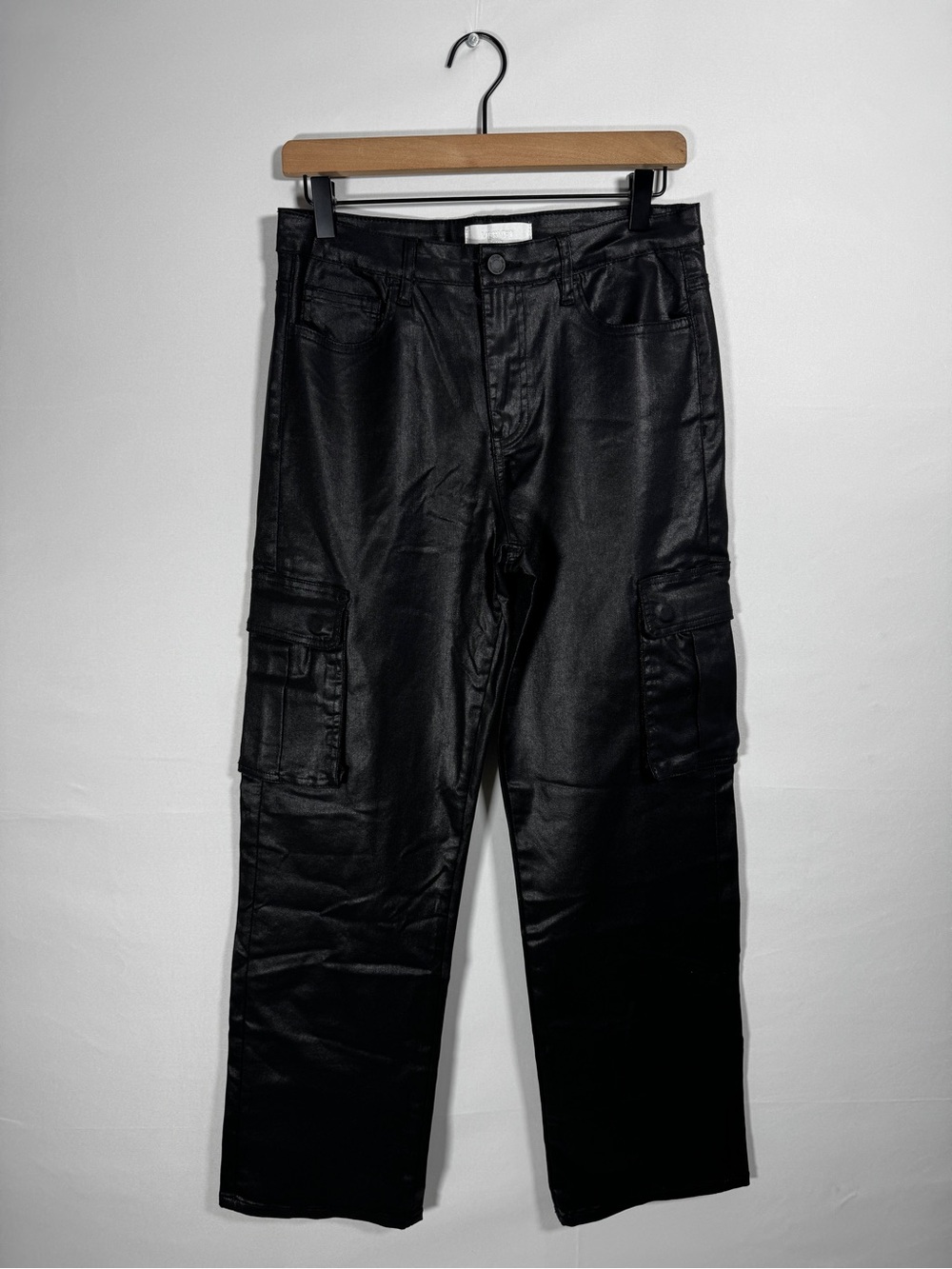 WJ362 {Vervet} Black Coated High Rise Relaxed Straight Leg Cargo Jeans Pants